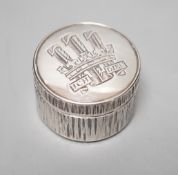 Adrian Gerald Benney- A modern textured silver pill box, engraved with the Prince of Wales feathers,
