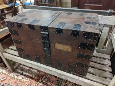 A Victorian iron bound oak silver canteen chest, width 70cm, depth 39cm, height 43cm