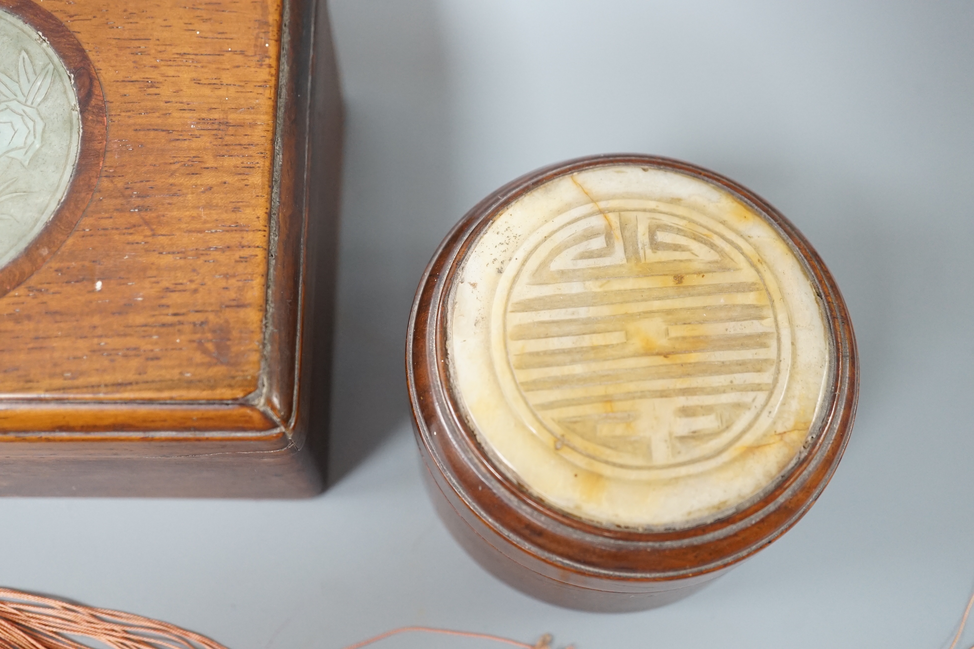 Two 19th century Chinese hardstone inset hardwood boxes and an embroidered amulet charm, largest box - Image 4 of 6