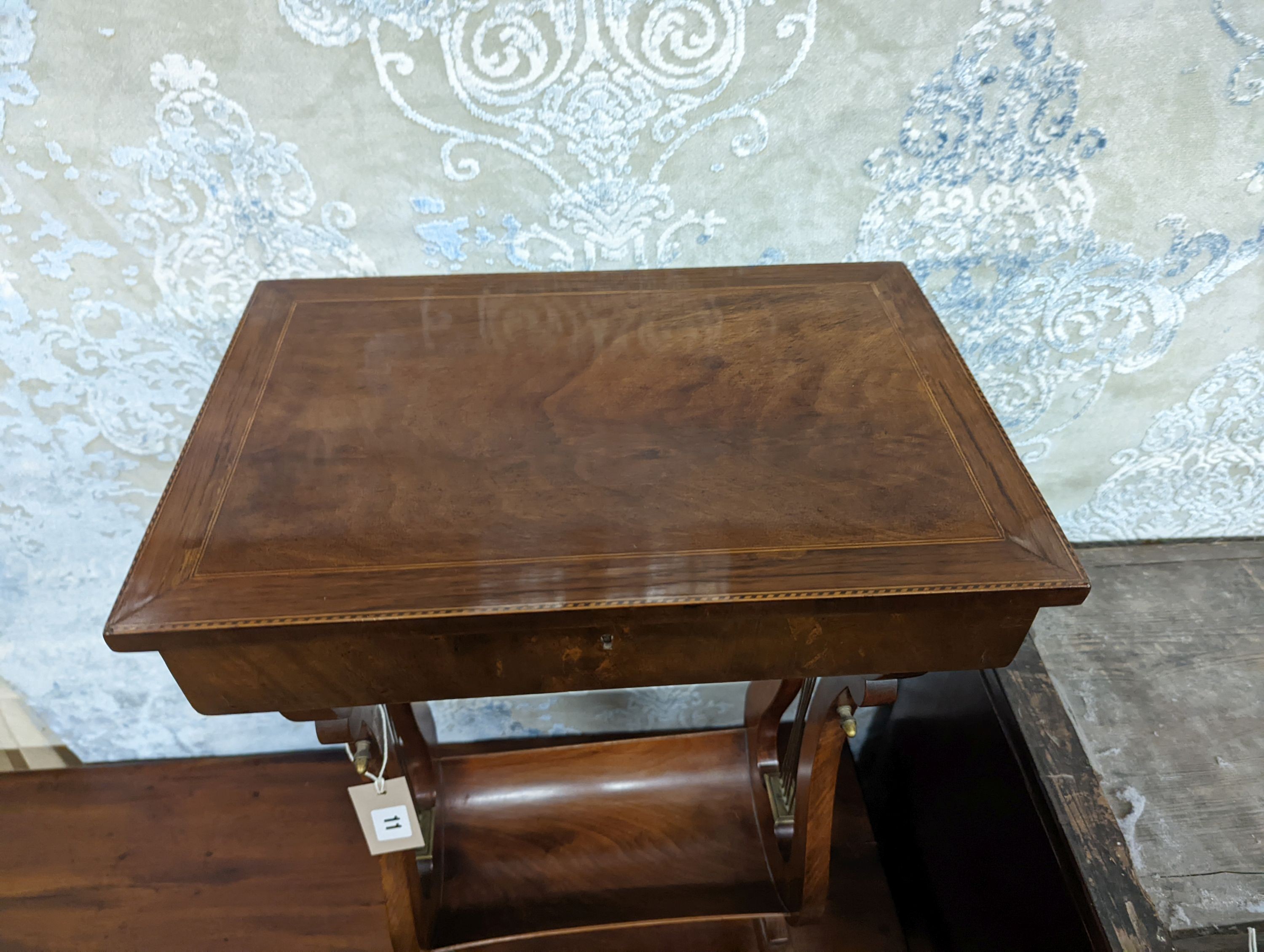 A reproduction Regency style mahogany work table on lyre supports, width 39cm, depth 27cm, height - Image 2 of 3