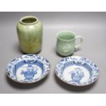 Two Chinese blue and white export dishes, a celadon cup and green glazed pottery vase,Export