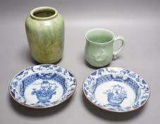 Two Chinese blue and white export dishes, a celadon cup and green glazed pottery vase,Export