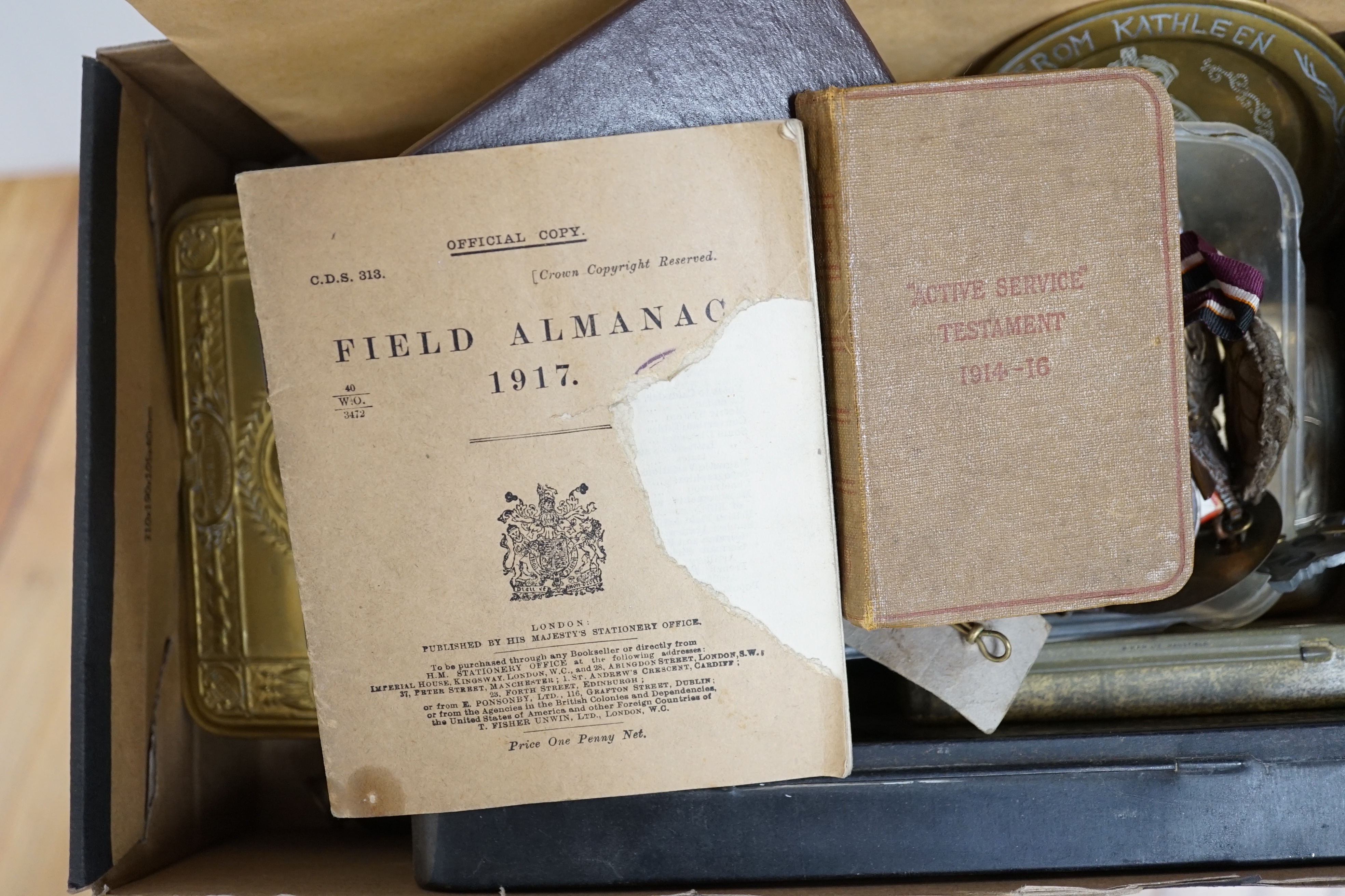 Two WWI medals, collection of cap badges and buttons, Queen Mary tobacco tin and a 66th Infantry - Image 6 of 6