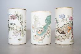 Three Chinese famille rose brush pots, 12cm