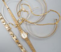 A lady's 9ct gold Rotary manual wind wrist watch on 9ct bracelet, gross 15.4 grams, five damaged 9ct