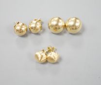 Two modern pairs of 750 yellow metal ear studs, one with 925 butterflies, gross 7.3 grams and a pair