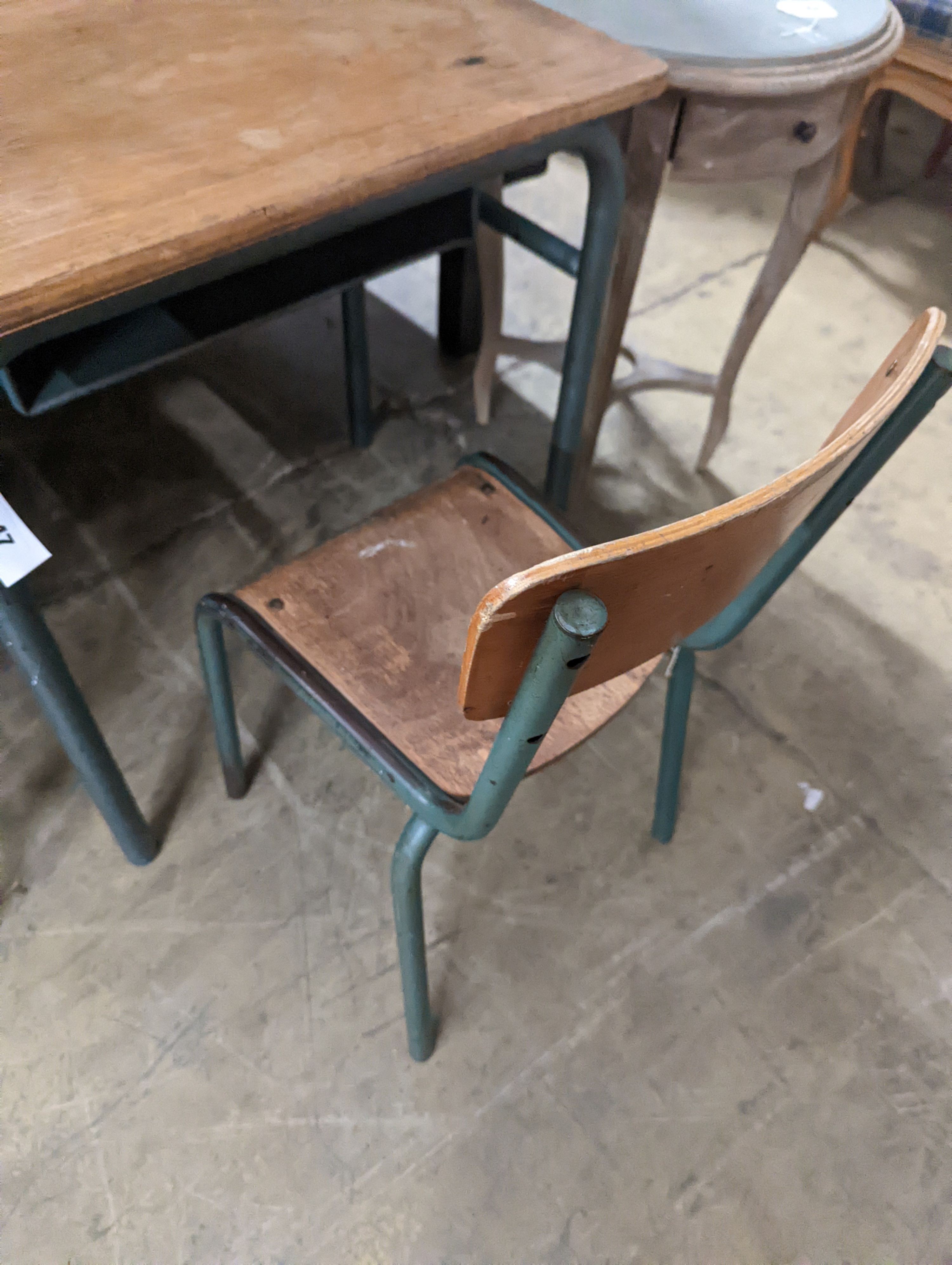 A child's oak and painted metal desk, length 59cm, depth 45cm, height 64cm and a chair - Image 2 of 4