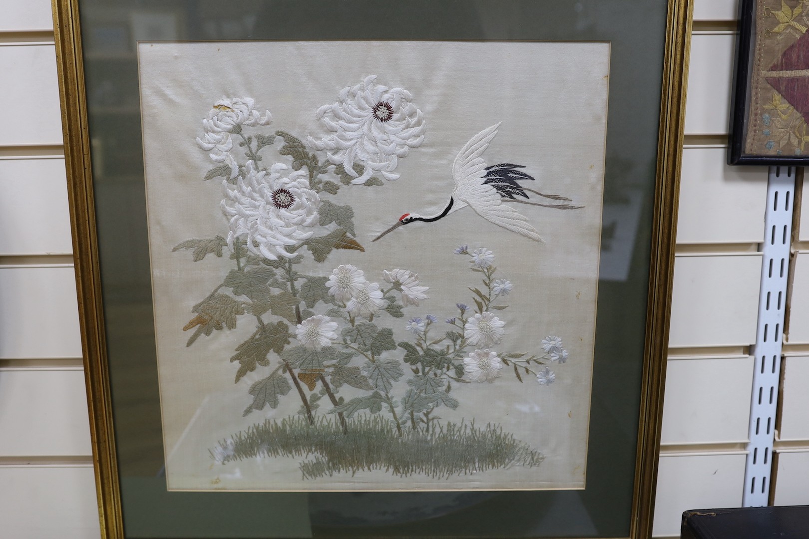A pair of late 19th century Japanese silk work panels of heron amongst foliage - 41.5 x 41cm - Image 3 of 3