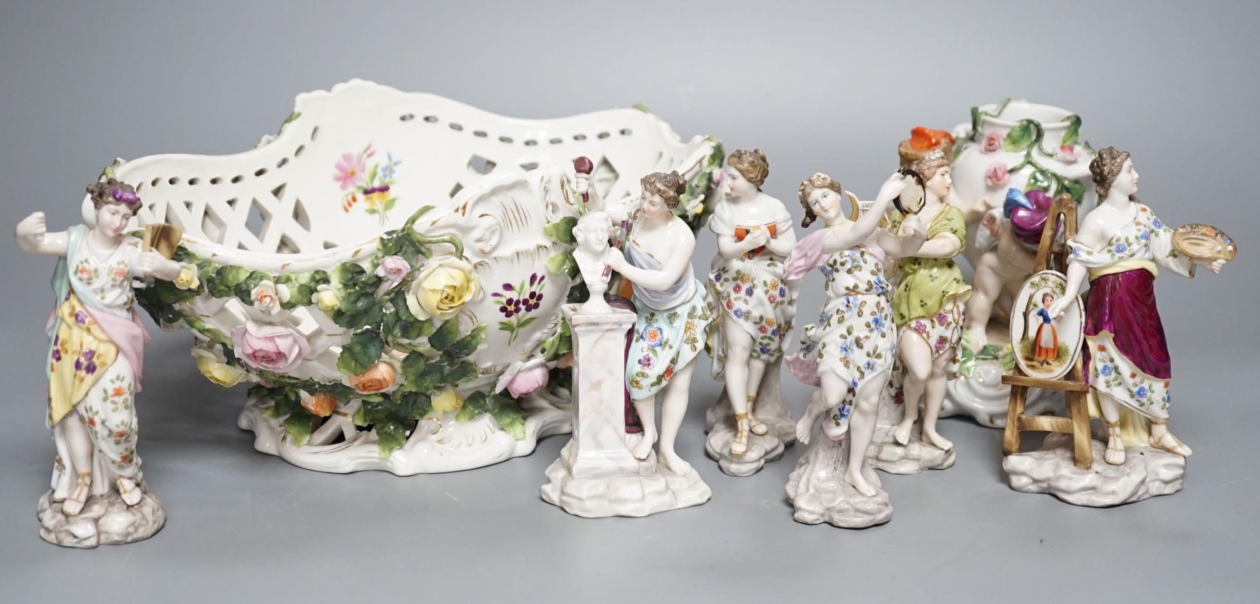 A Sitzendorf porcelain basket, 24cm, Sitzendorf vase and a set of six Volkstedt figures