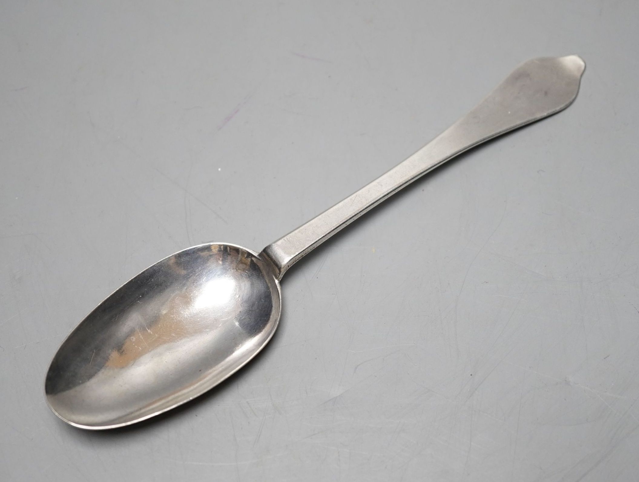 An early 18th century silver dog nose spoon, with prick dot engraved initial and date, marks rubbed,