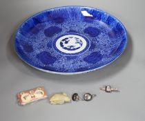 A Japanese Blue and White dish, a Set of Shibayama buttons, a soapstone rabbit, a Siamese cuff links