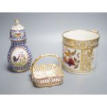 An early 19th century Derby porter mug, 13cm high, a Derby dish and a Chantilly-style sugar sifter