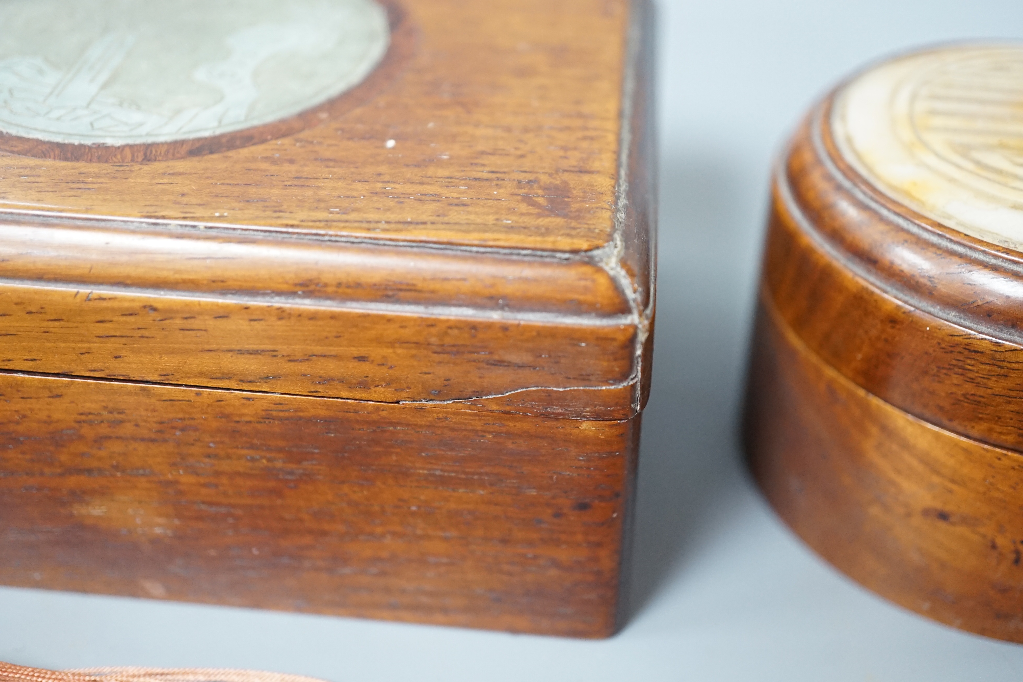 Two 19th century Chinese hardstone inset hardwood boxes and an embroidered amulet charm, largest box - Image 5 of 6