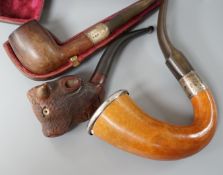 A cased Savel burr wood smokers pipe with silver collar, another pipe with silver collar and rim