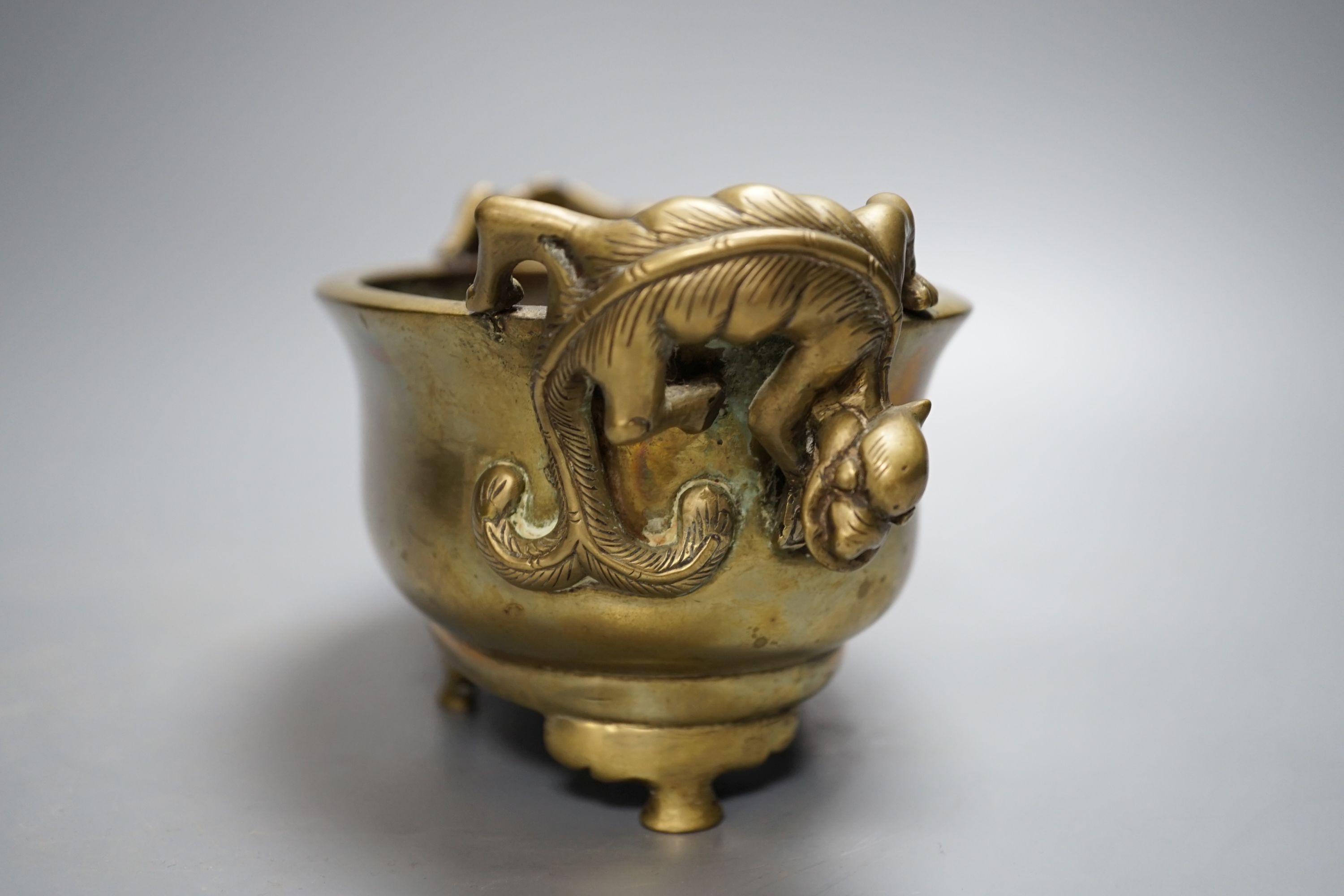 A 19th century Chinese bronze censer with ‘dragon’ handles, Xuande mark, 26cm - Image 3 of 6