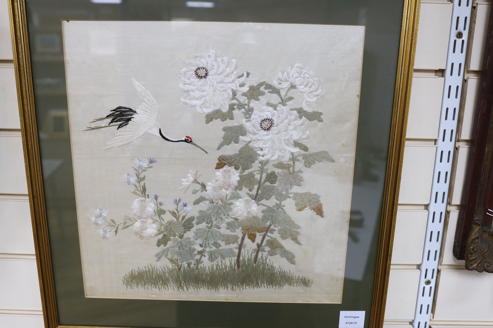 A pair of late 19th century Japanese silk work panels of heron amongst foliage - 41.5 x 41cm - Image 2 of 3