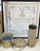 A collection of trench art, a Kitchener framed printed panel and an Egypt 1915 embroidered silk