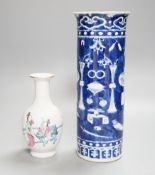 A Chinese blue and white sleeve vase and small famille rose vase,sleeve vase 25 cms high.