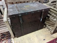 A Victorian oak and ironbound silver chest bears engraved brass plaque E S Wills, length 83cm, depth