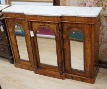 A Victorian inlaid walnut marble top breakfront mirrored side cabinet, width 120cm, depth 34cm,
