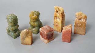 A selection of five Chinese mixed stone seals together with a pair of small jadeite dog figures (7),