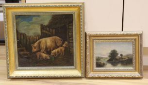 English School, oil on board, Primitive study of pigs in a stye 28 x 30cm and a small late 19th