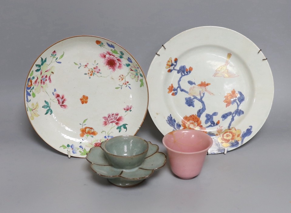 An 18th century Chinese famille rose dish, crackle-glaze stem cup, Beijing glass tea bowl and a