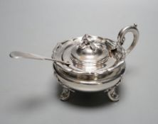 A late William IV silver circular mustard pot, with blue glass liner, The Barnards, London, 1837,