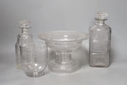 Two cut glass decanters, a regency pedestal bowl, 14cm high, and an etched glass sugar bowl