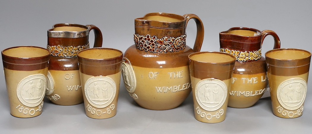 National Rifle Association, salt glazed stoneware, three jugs and four tumblers, 1860-1889,