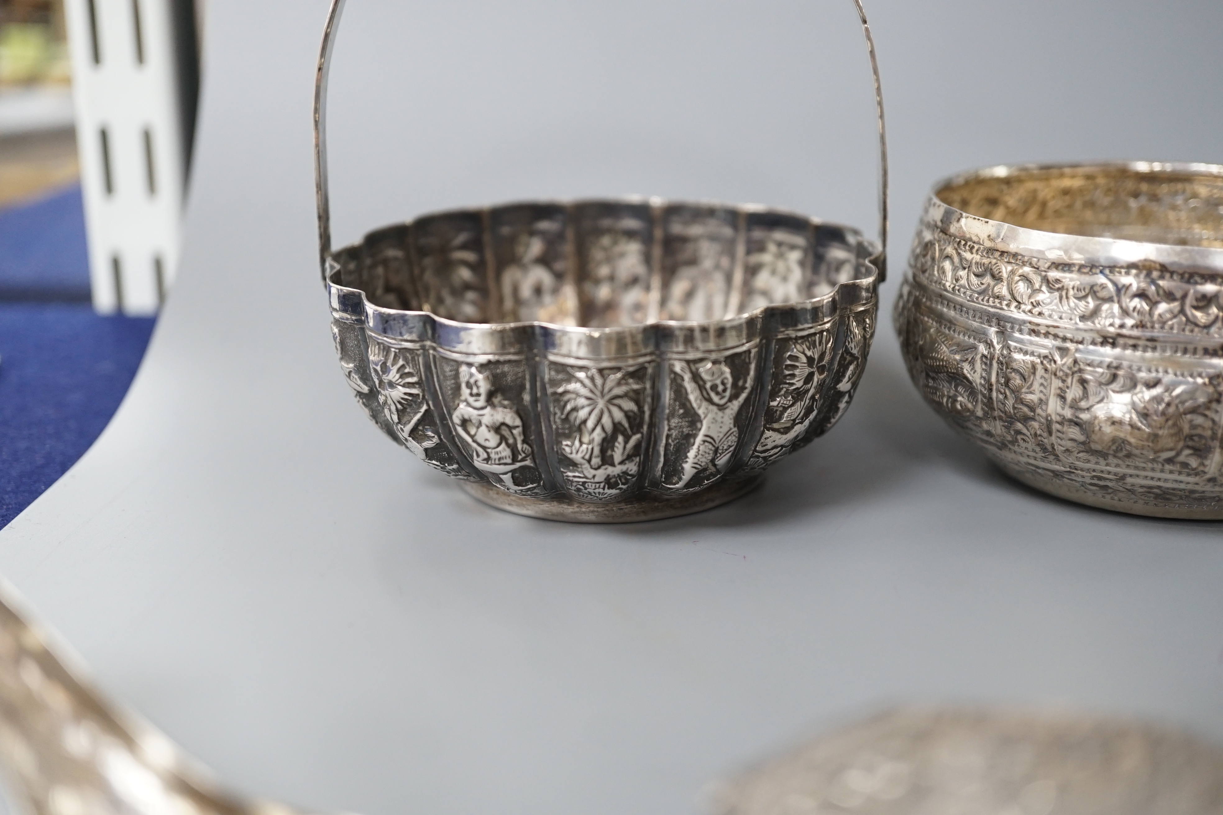 A Burmese? white metal bonbon basket, height 10.1cm and a similar bowl, two Persian white metal - Image 5 of 8