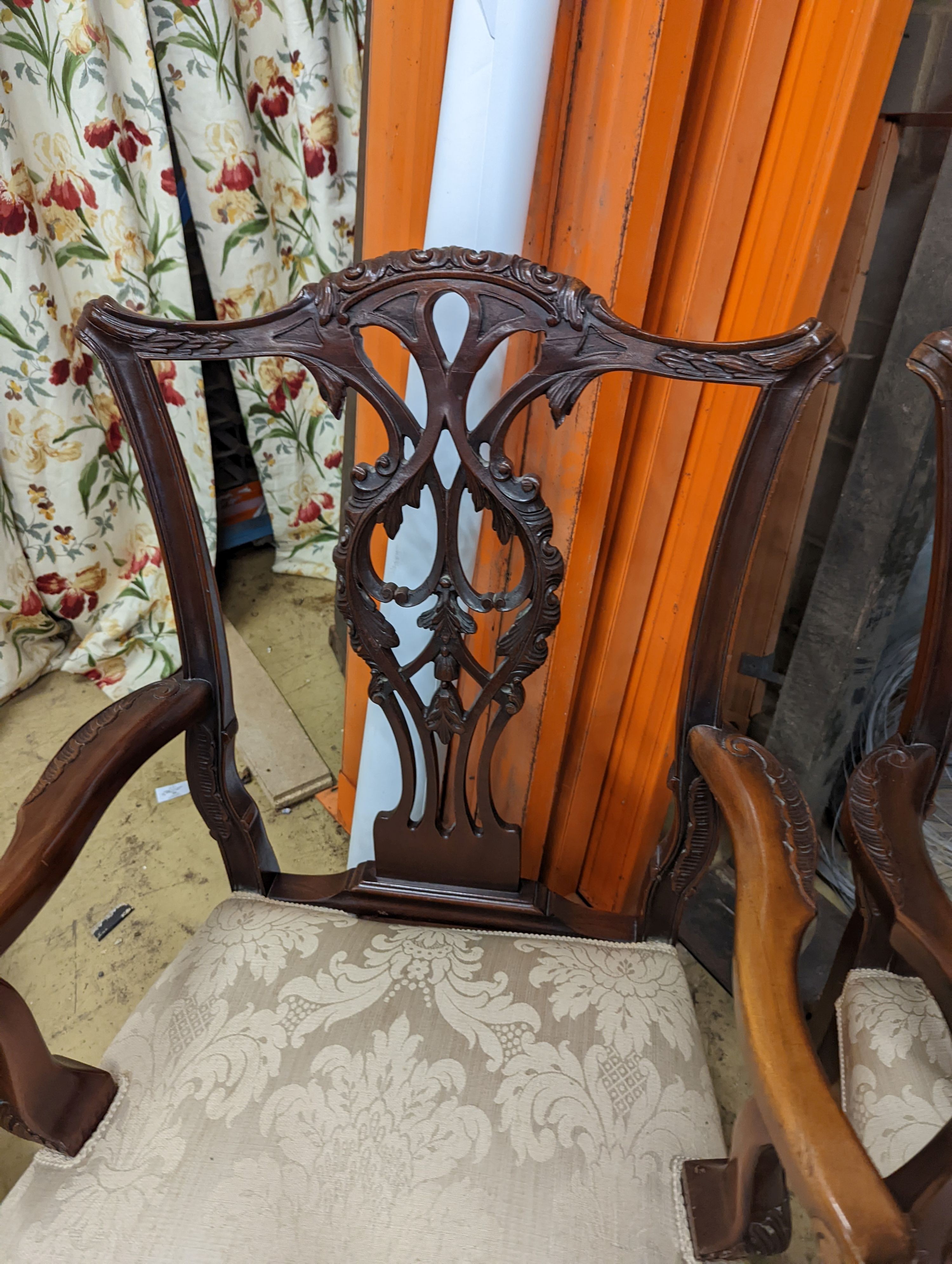 A pair of Chippendale revival mahogany elbow chairs, width 60cm, depth 50cm, height 102cm - Image 3 of 5