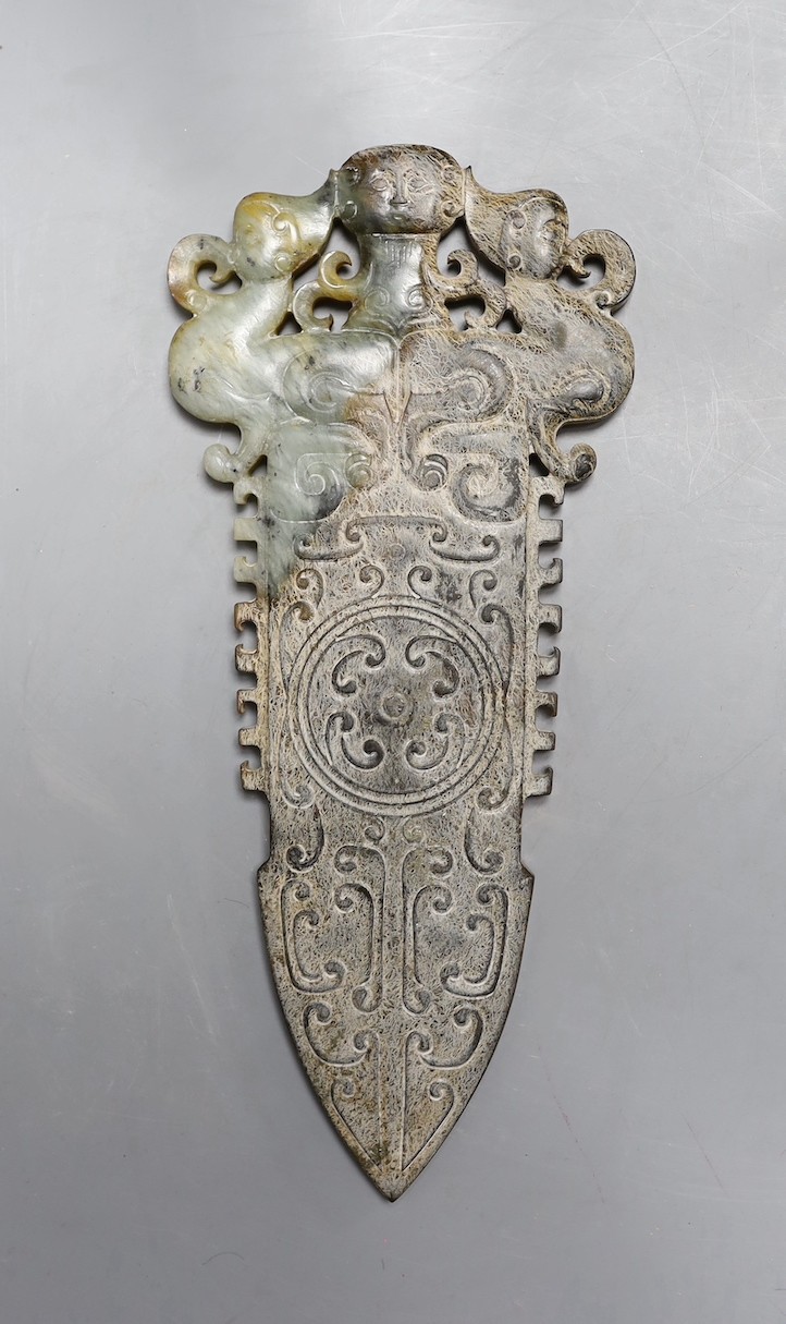 A 20th century Chinese archaistic jade carving, model of an axe head30.5 cms long. - Image 2 of 2