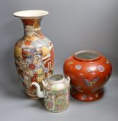 Japanese satsuma vase, 39cm high, together with a red Chinese vase and 19th century Chinese