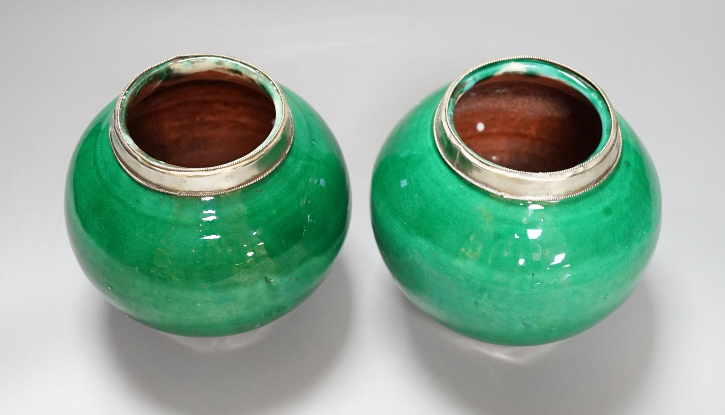 A pair of Tibetan green glazed vases - 14cm high - Image 3 of 4