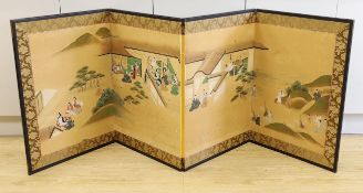 A 19th century Japanese four-leaf painted screen, later mounted, 216cm long