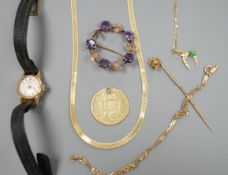 A modern 9ct gold necklet, 4.2 grams, a 14kt bracelet and necklace gross 3 grams, a worn gold