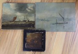 J. Seymour Lindsay, oil on card, The Thames at Wapping, signed, 28 x 38cm, unframed, together with a