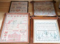 Four 19th century samplers, in glazed wood frames, largest 42cm high