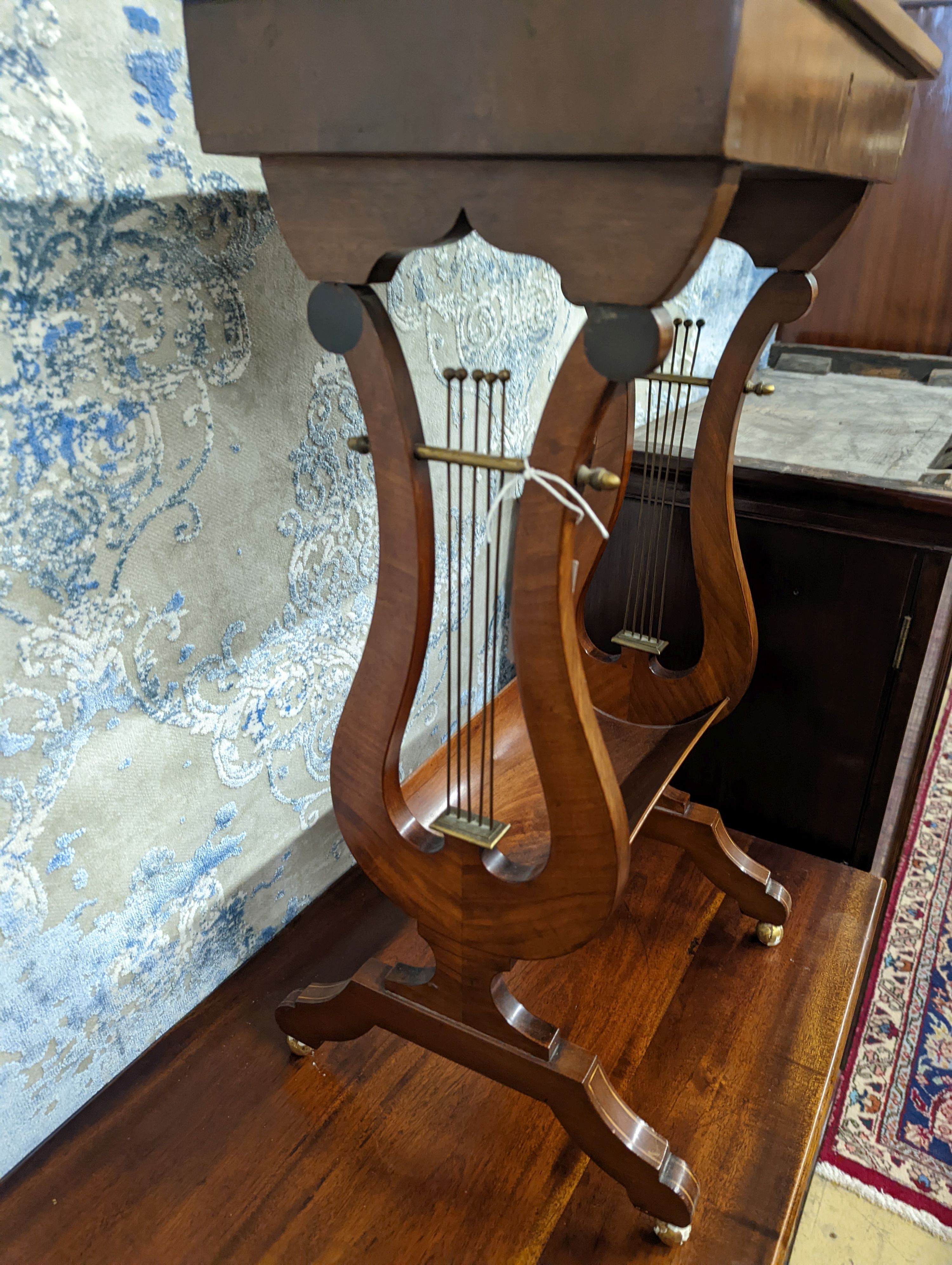 A reproduction Regency style mahogany work table on lyre supports, width 39cm, depth 27cm, height - Image 3 of 3