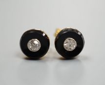 A pair of 750 yellow metal, black onyx and diamond set circular ear studs, 6mm, gross weight 1.8