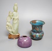 A small enamelled cloisonné vase, 10cm, together with a carved bowenite jade figure, on wood