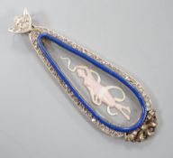 A Belle Epoque yellow and white metal, diamond and 'Essex crystal' style teardrop shaped pendant,