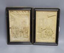 A pair of plaster relief panels of the court of Elizabeth I in glazed wooden frames - 30 x 19cm
