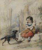Frederick William Davis (1862-1919), watercolour, Girl with a doll and dog, 19 x 16cm