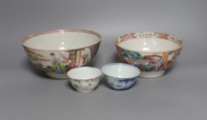 Two 18th century Chinese export bowls, a similar tea bowl and another Chinese blue and white tea