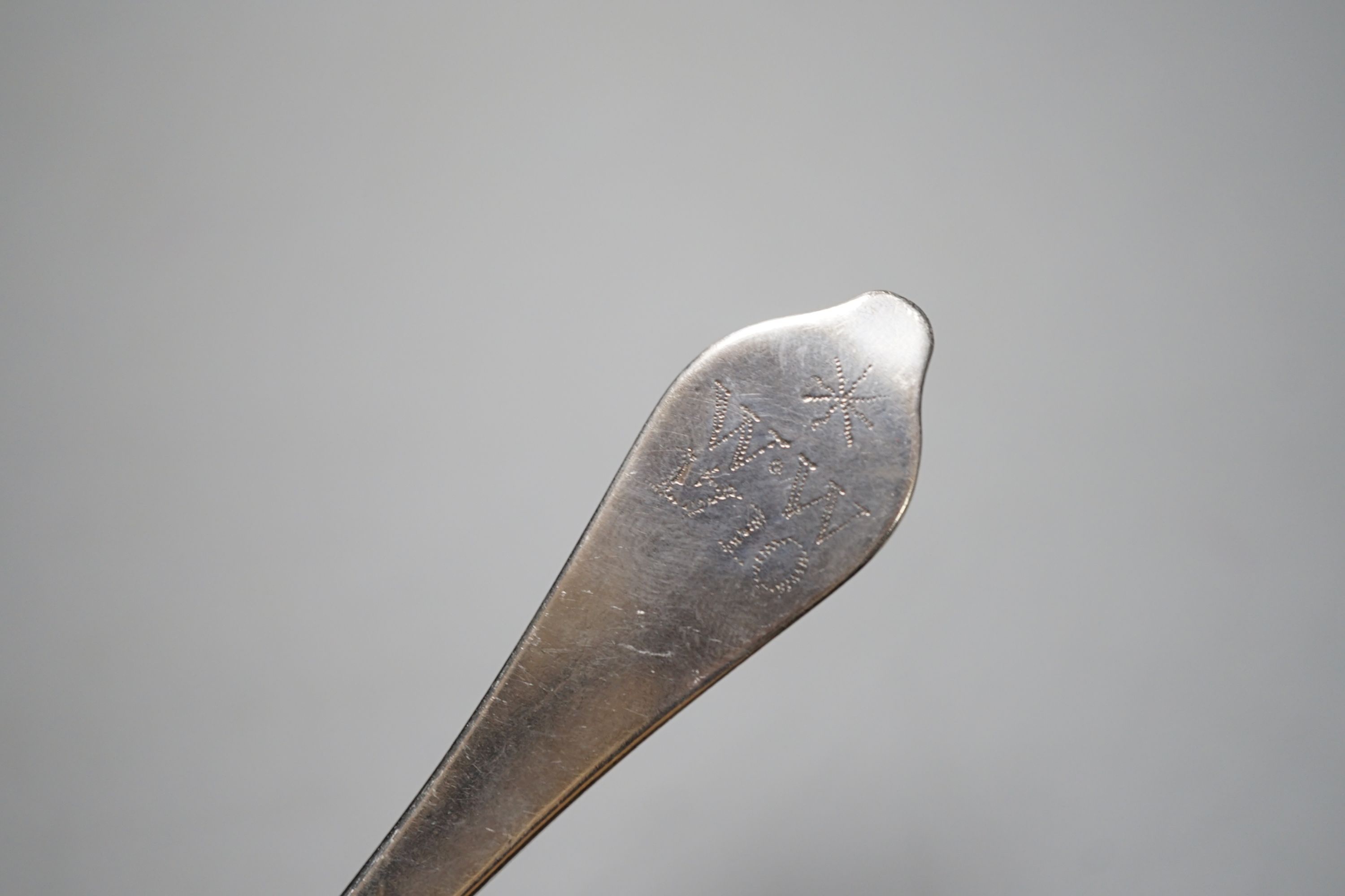 An early 18th century silver dog nose spoon, with prick dot engraved initial and date, marks rubbed, - Image 3 of 3