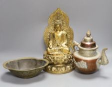 A Chinese built metal Buddha - 29cm high, a bronze Chinese lobed dish, together with a Tibetan