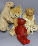 Deans polar bear ‘Ivy', 48cm, Cotton Plush red bear work, 43cm, also cotton plush bear, 40cm,