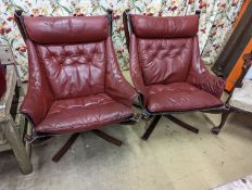Sigurd Resell for Vatne Mobler, a pair of Burgundy leather 'Falcon' chairs, with stained bentwood
